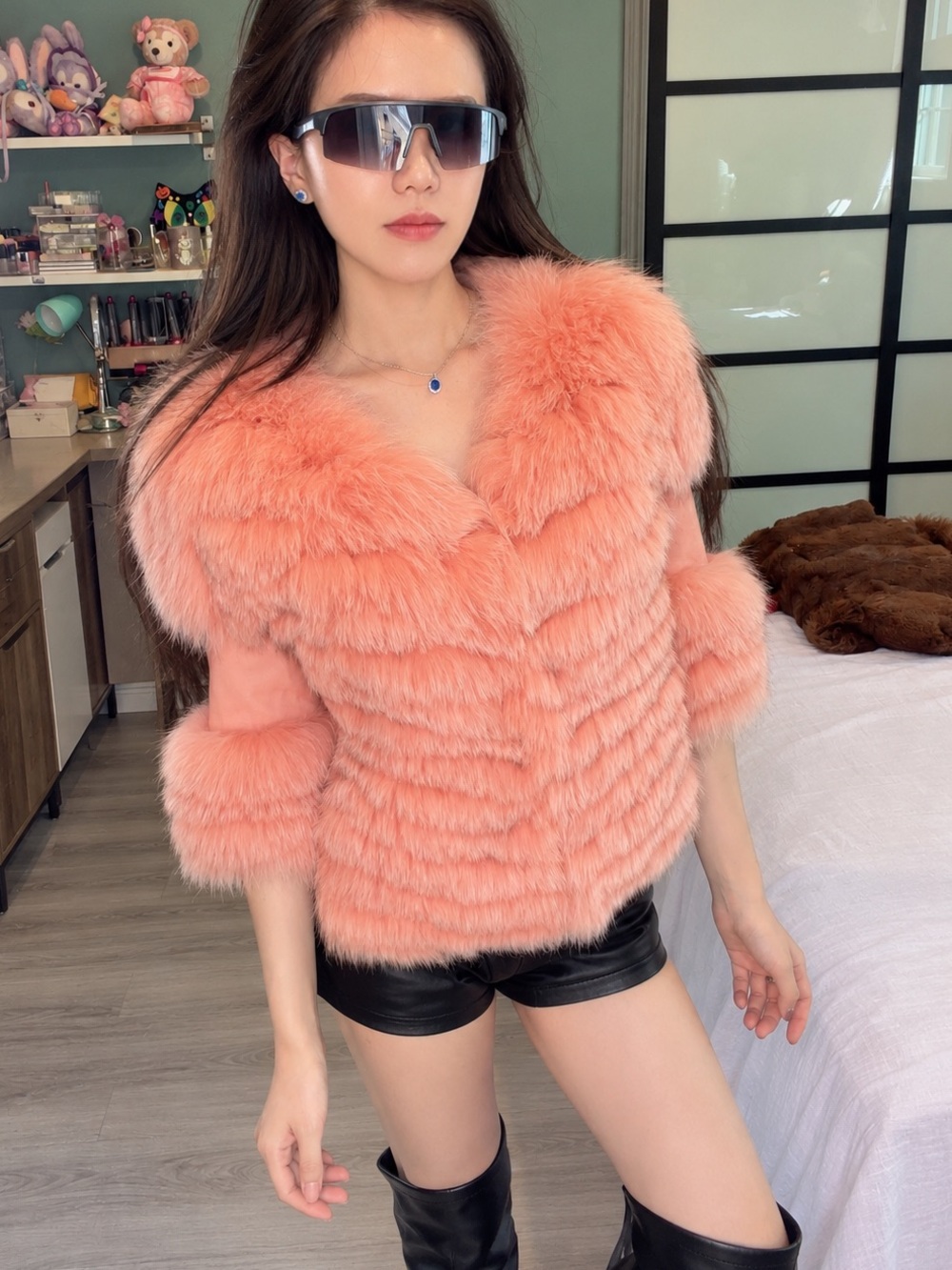 Pink Fox Fur & Lambskin Cropped Jacket Y2K XS/S